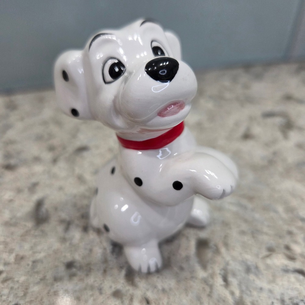 Disney 101 Dalmatians Ceramic Puppy Figurine White Black Spotted Dog Red Collar‎